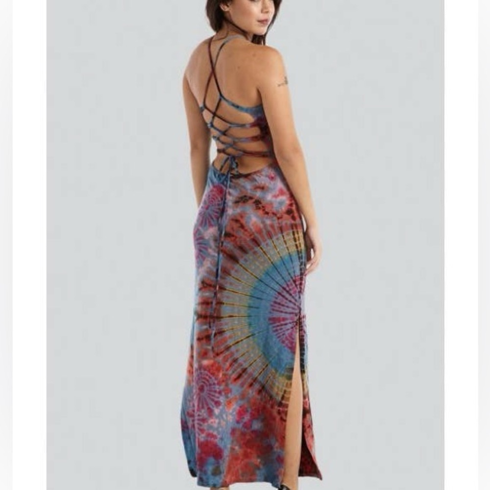 Gray Multi Tie Dye Lightweight Lace Up Adjustable Maxi Dress